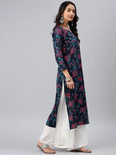 Women Navy Blue And Pink Floral Printed Blue Cotton Fabric Kurti